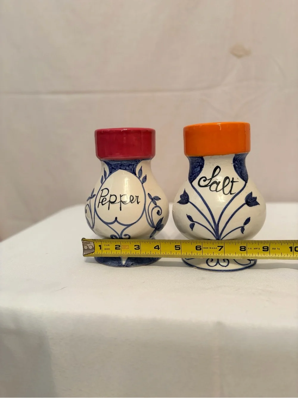 Hand-Painted Ceramic Salt and Pepper Shakers - Red & Orange Tops